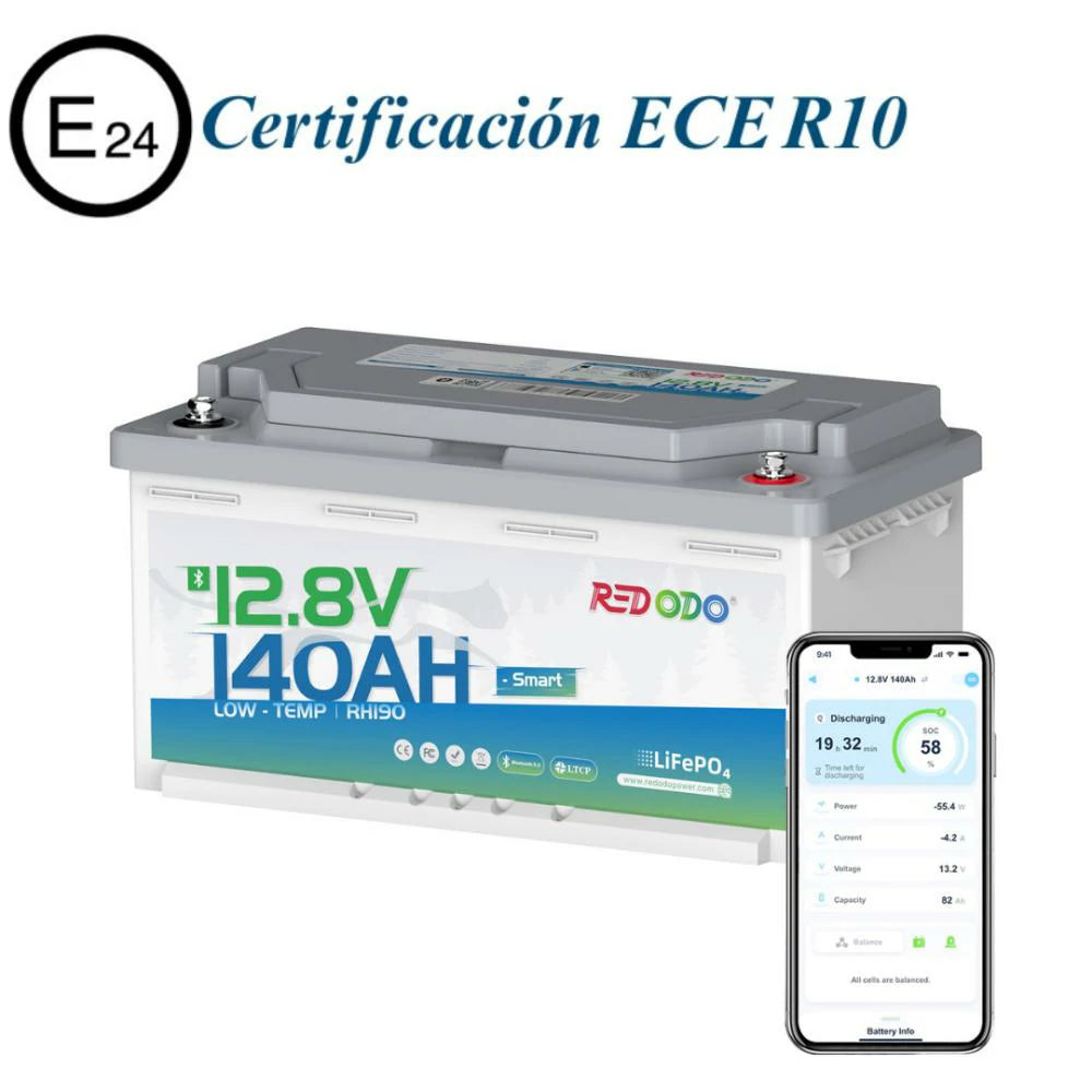 Redodo Batería de Litio 12v 140ah H190 LiFePO4  con Bluetooth Nueva Diseña Perfecta para Autocaravana Bajo el Asiento, E24 Certificación ECE R10