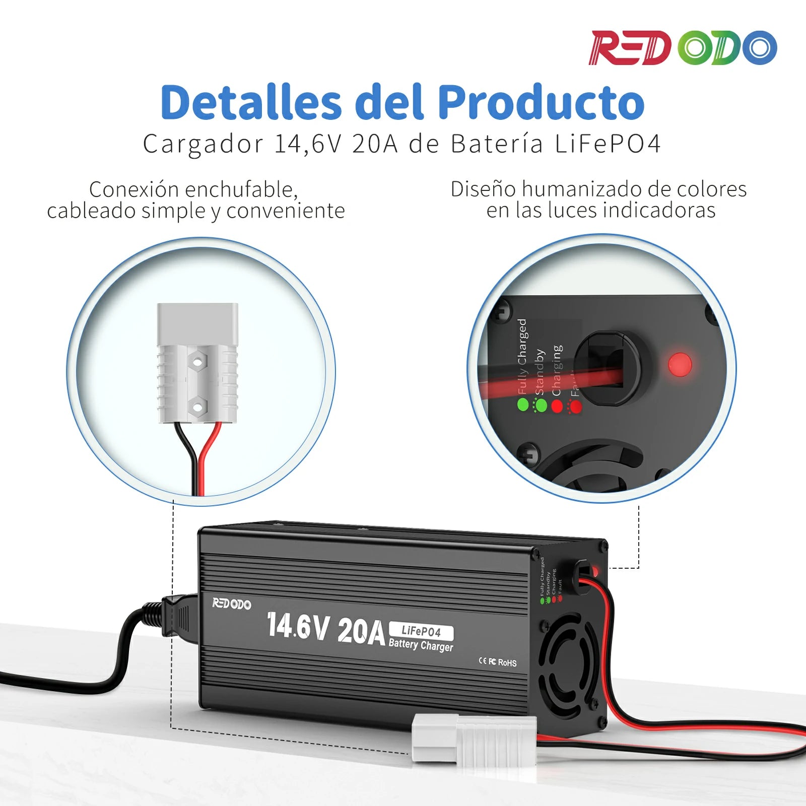 Redodo Power Cargador Litio 12V 20A LiFePO4 - Detalles del Producto