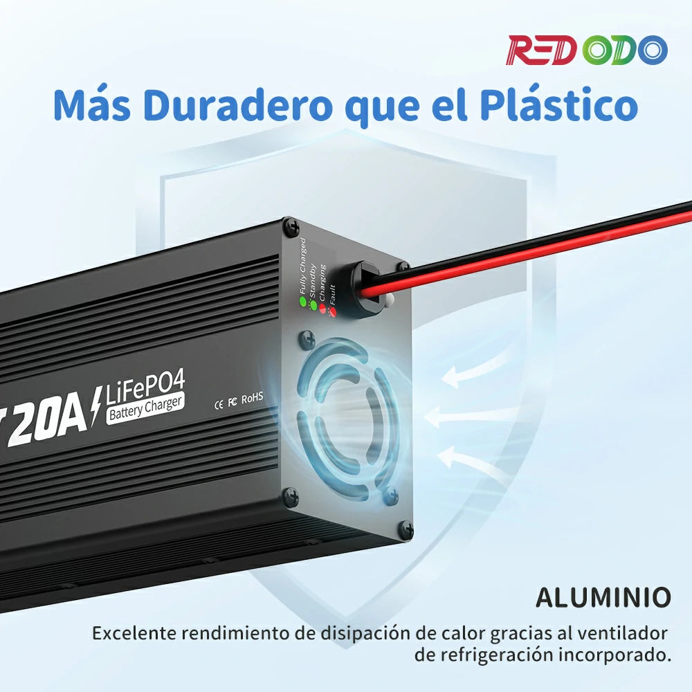 Redodo Power Cargador Litio 12V 20A LiFePO4 - Más Duradero que el Plástico
