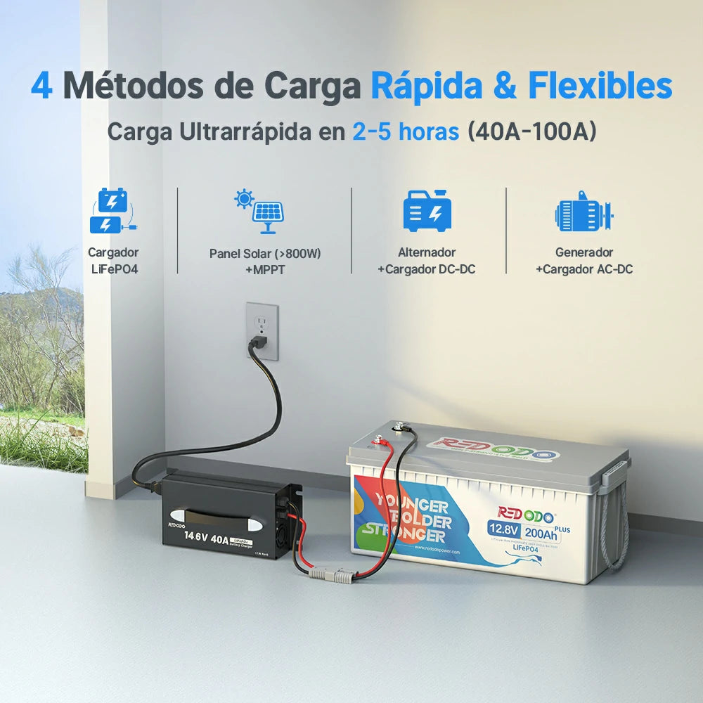Redodo Batería de Litio 12v 200ah Plus LiFePO4 | Ciclo Profundo 2,56kWh & 2,56kW Gran Potencia 2560Wh & 2560W, 200A BMS con celdas de Grado A - 4 métodos de carga rápida y flexibles