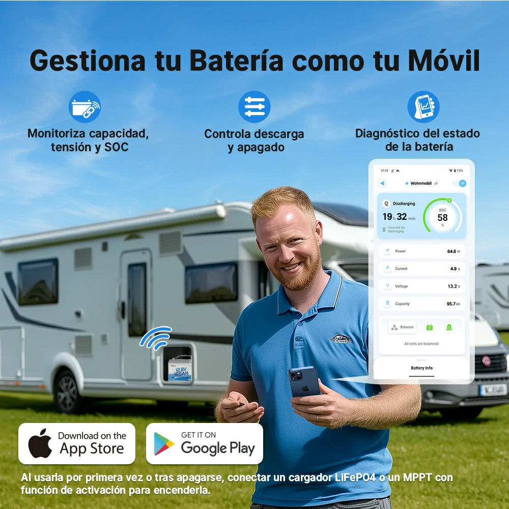 Redodo Batería de Litio 12V 165Ah LiFePO4 con Bluetooth - Gestiona tu Batería como tu Móvil - densidad energética maximizada, mayor capacidad en el mismo tamaño Grupo 31
