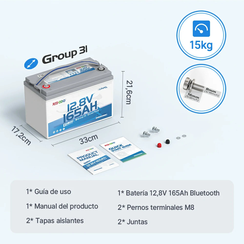 Redodo Batería de Litio 12V 165Ah LiFePO4 con Bluetooth - Que hay en la Caja - densidad energética maximizada, mayor capacidad en el mismo tamaño Grupo 31