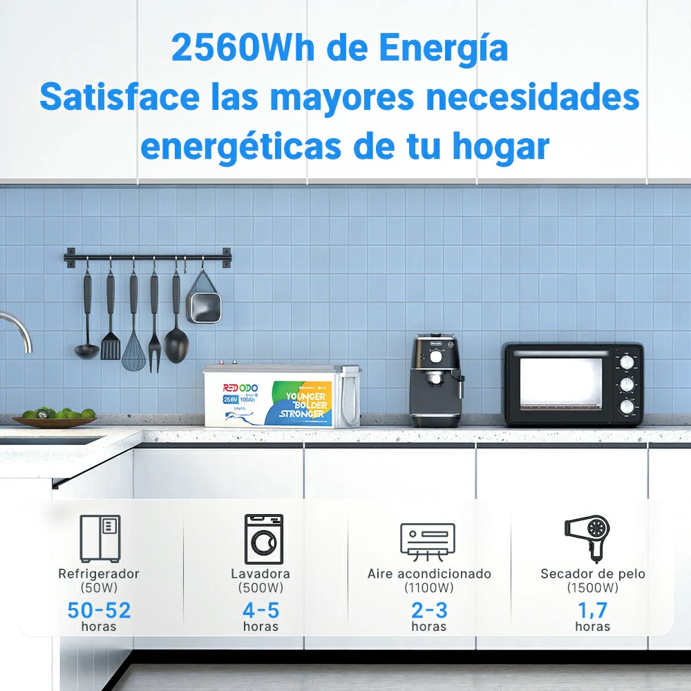 Redodo Batería de Litio 24V 100Ah con Bluetooth - 2560Wh de Energía Satisface las Mayores Necesidades Energéticas de tu hogar