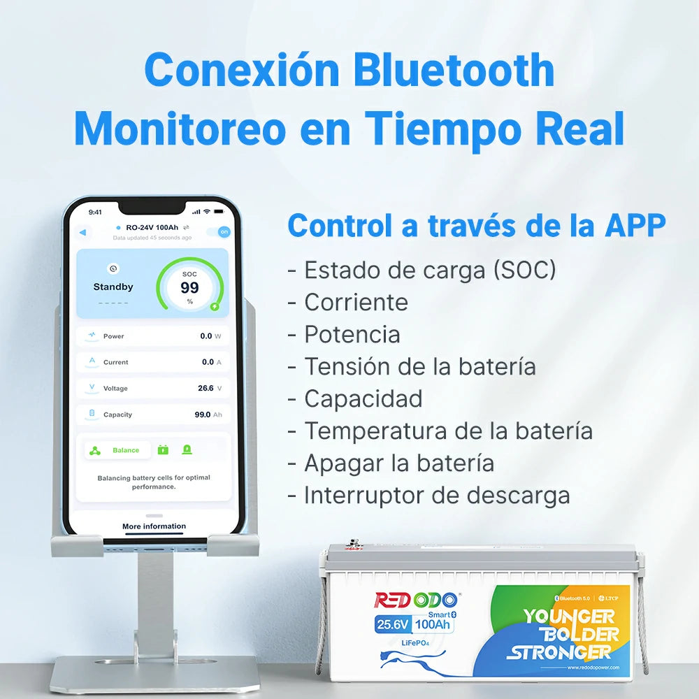 Redodo Batería de Litio 24V 100Ah con Bluetooth LiFePO4 - Conexión Bluetooth Monitoreo en Tiempo Real