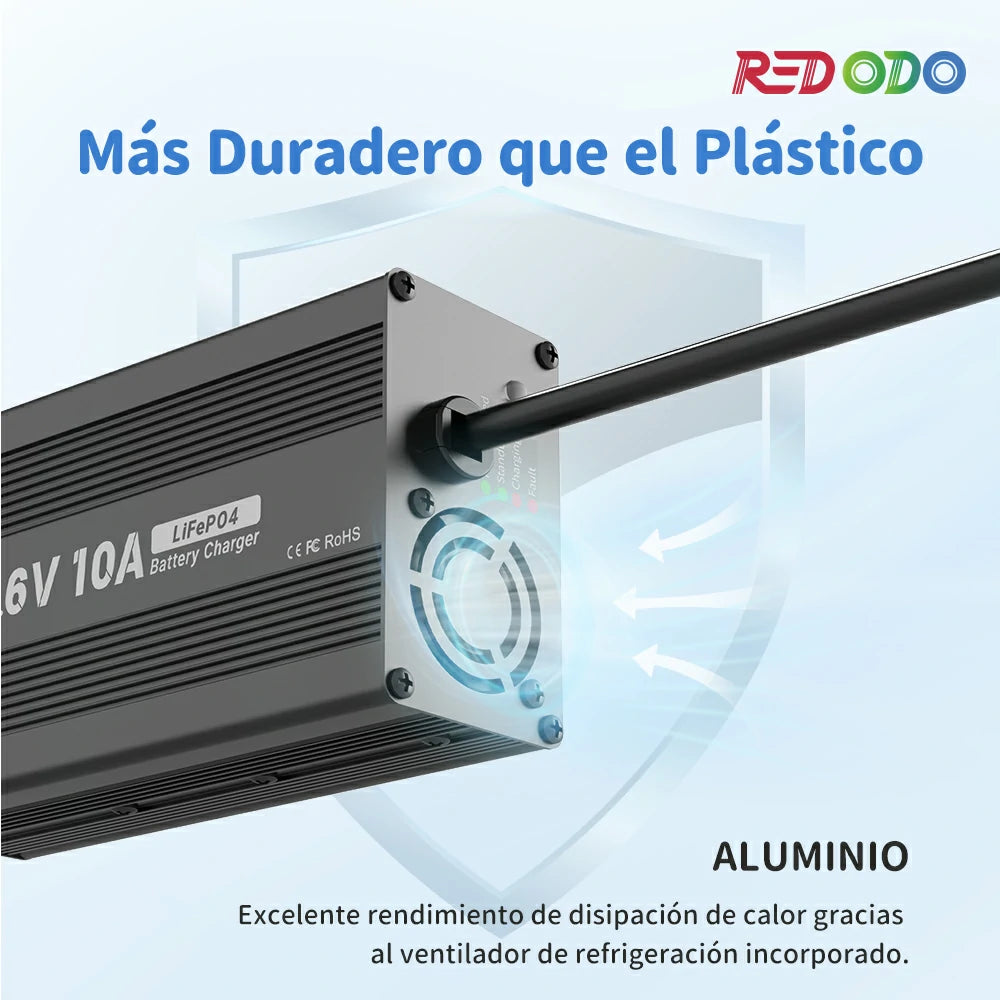 Redodo Cargador de Batería de Litio LiFePO4 14,6V 10A - Aluminio Más Duradero que el Plástico, Excelente rendimiento disipación de calor