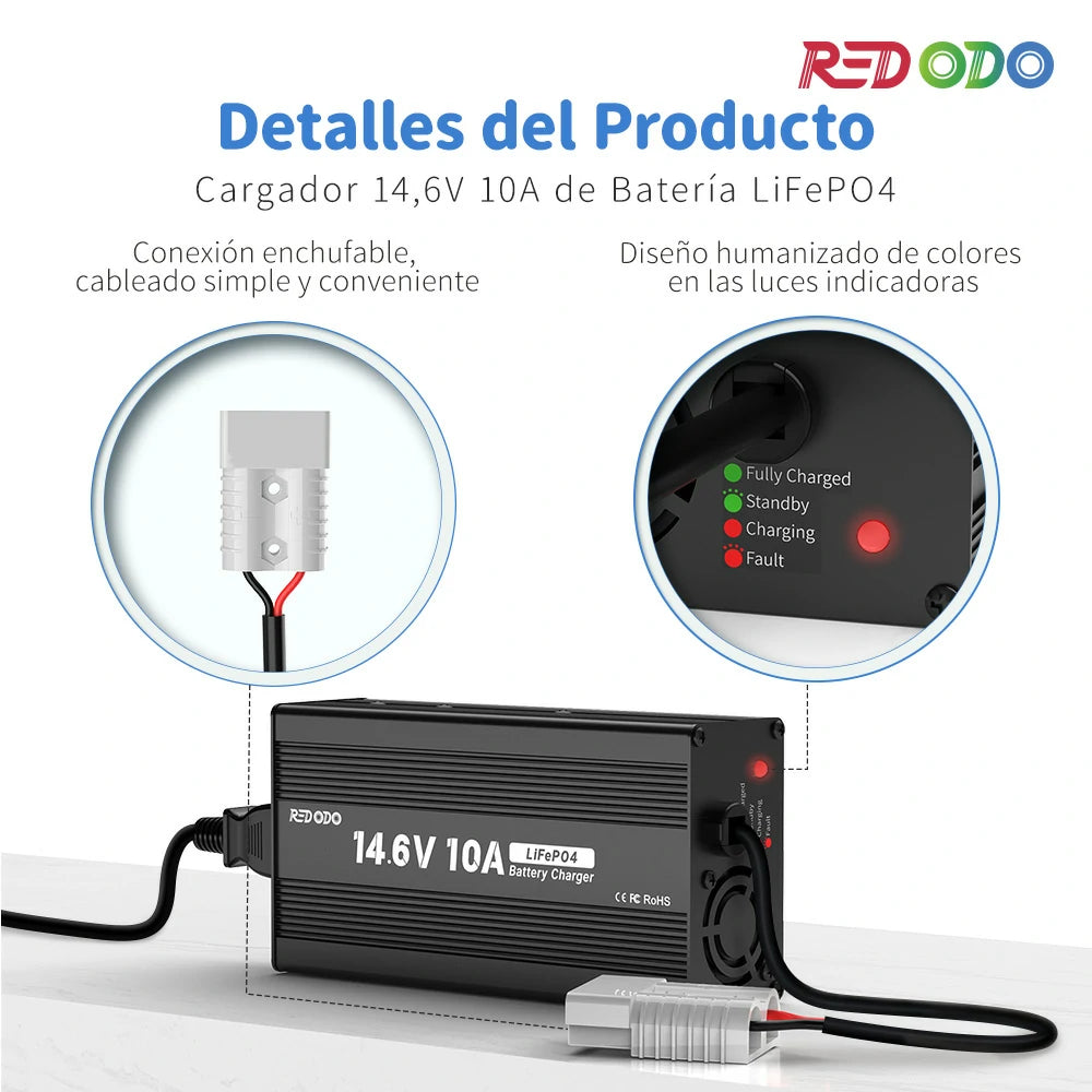 Redodo Cargador de Batería de Litio LiFePO4 14,6V 10A - Detalles del Producto, Conexión enchufable cableado simple y conveniente, Diseño humanizado de colores en las luces indicadoras
