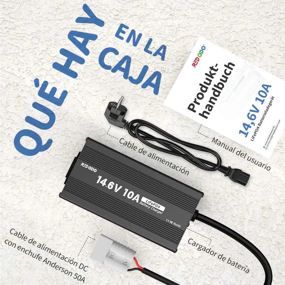 Redodo Cargador de Batería de Litio LiFePO4 14,6V 10A - Qué Hay en la Caja, Contenido