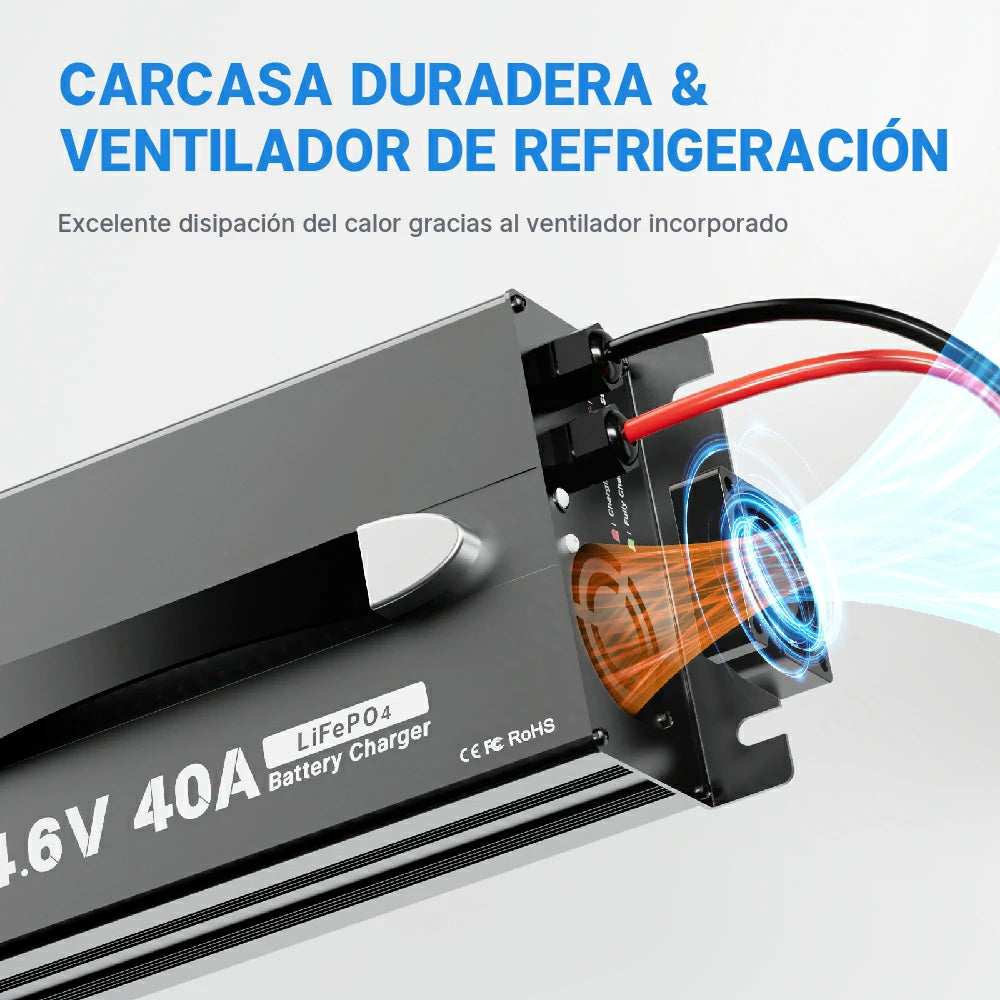 Redodo Power Cargador Litio 12V 40A Update LiFePO4 - Carcasa Duradera y Ventiladoe de Refrigeración