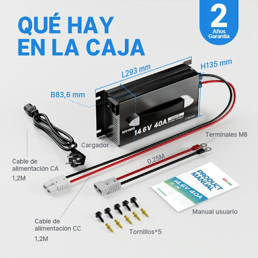 Redodo Power Cargador Litio 12V 40A Update LiFePO4 - Qué hay en la caja
