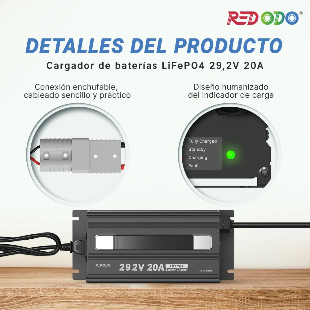 Redodo Cargador LiFePO4 29,2V 20A - Detalles del Producto