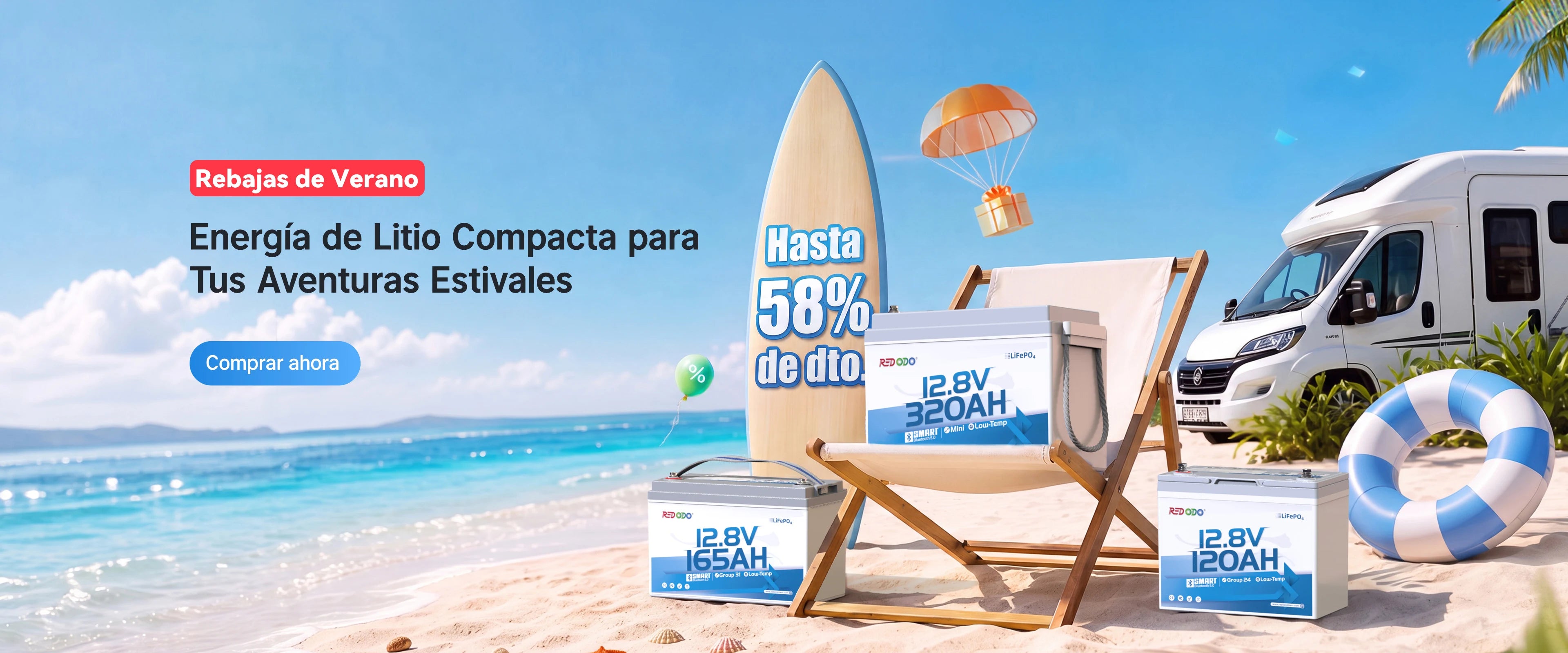Rebajas de verano 2026 de Redodo batería de litio LiFePO4 para las aventuras estivales en autocaranas y usos náuticos