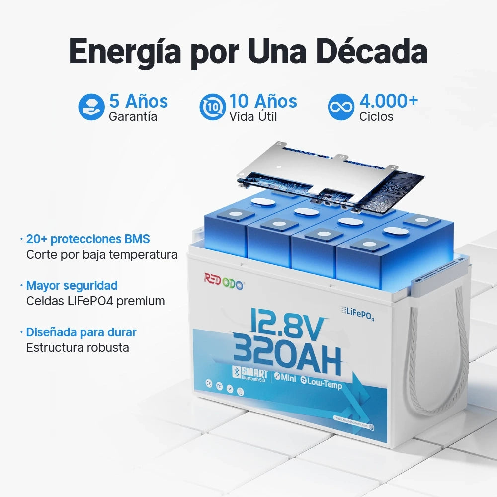Redodo Batería de Litio 12V 320Ah W190 con Bluetooth Vida Útil Larga y Ciclo Profundo