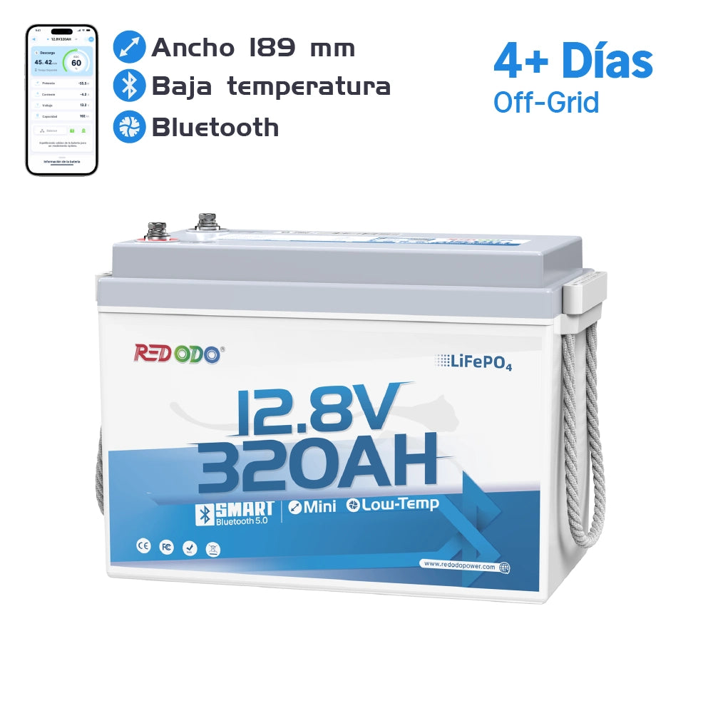 Redodo Batería de LiFePO4 12V 320Ah W190 con Bluetooth Ancho 189mm para 4 Días Off-Gird