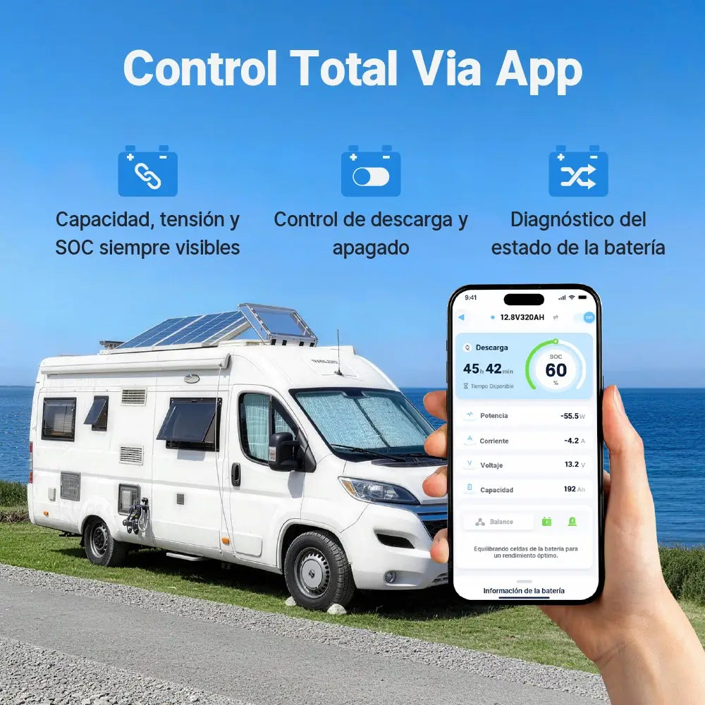 Redodo Batería LiFePO4 12V 320Ah W190 con Bluetooth Control por Bluetooth App desde Móvil