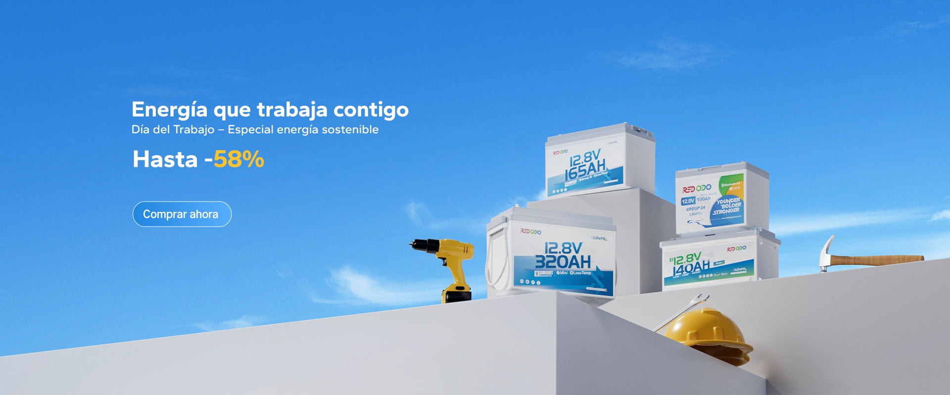 Promo del Día del Trabajo 2026 de batería de litio Redodo para Primero de Mayo