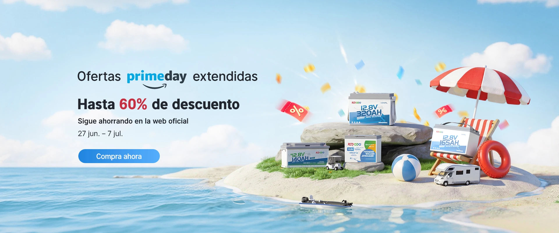 Ofertas Prime Day extendidas 2026 de Redodo con hasta un 60 % de descuento en baterías LiFePO4